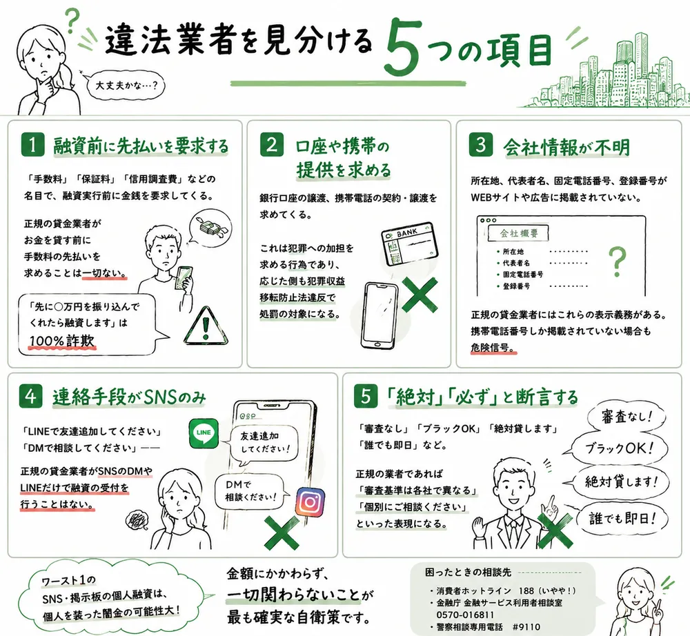 違法業者を見分ける5つの項目 融資前に先払いを要求する→「手数料」「保証料」「信用調査費」などの名目で、融資実行前に金銭を要求してくる。正規の貸金業者がお金を貸す前に手数料の先払いを求めることは一切ない。「先に○万円を振り込んでくれたら融資します」は100%詐欺 口座や携帯の提供を求める→銀行口座の譲渡、携帯電話の契約・譲渡を求めてくる。これは犯罪への加担を求める行為であり、応じた側も犯罪収益移転防止法違反で処罰の対象になる 会社情報が不明→所在地、代表者名、固定電話番号、登録番号がWEBサイトや広告に掲載されていない。正規の貸金業者にはこれらの表示義務がある。携帯電話番号しか掲載されていない場合も危険信号 連絡手段がSNSのみ→「LINEで友達追加してください」「DMで相談してください」──正規の貸金業者がSNSのDMやLINEだけで融資の受付を行うことはない 「絶対」「必ず」と断言する→「審査なし」「ブラックOK」「絶対貸します」「誰でも即日」など。正規の業者であれば「審査基準は各社で異なる」「個別にご相談ください」といった表現になる