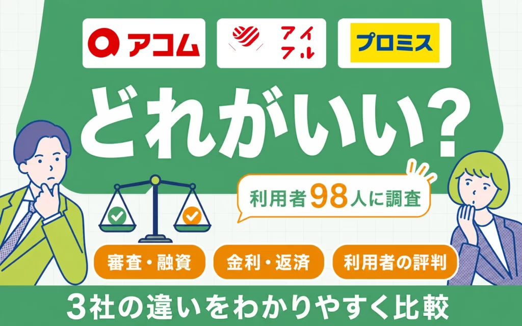 アコム・アイフル・プロミスの違いを利用者98人の調査で比較する記事のアイキャッチ