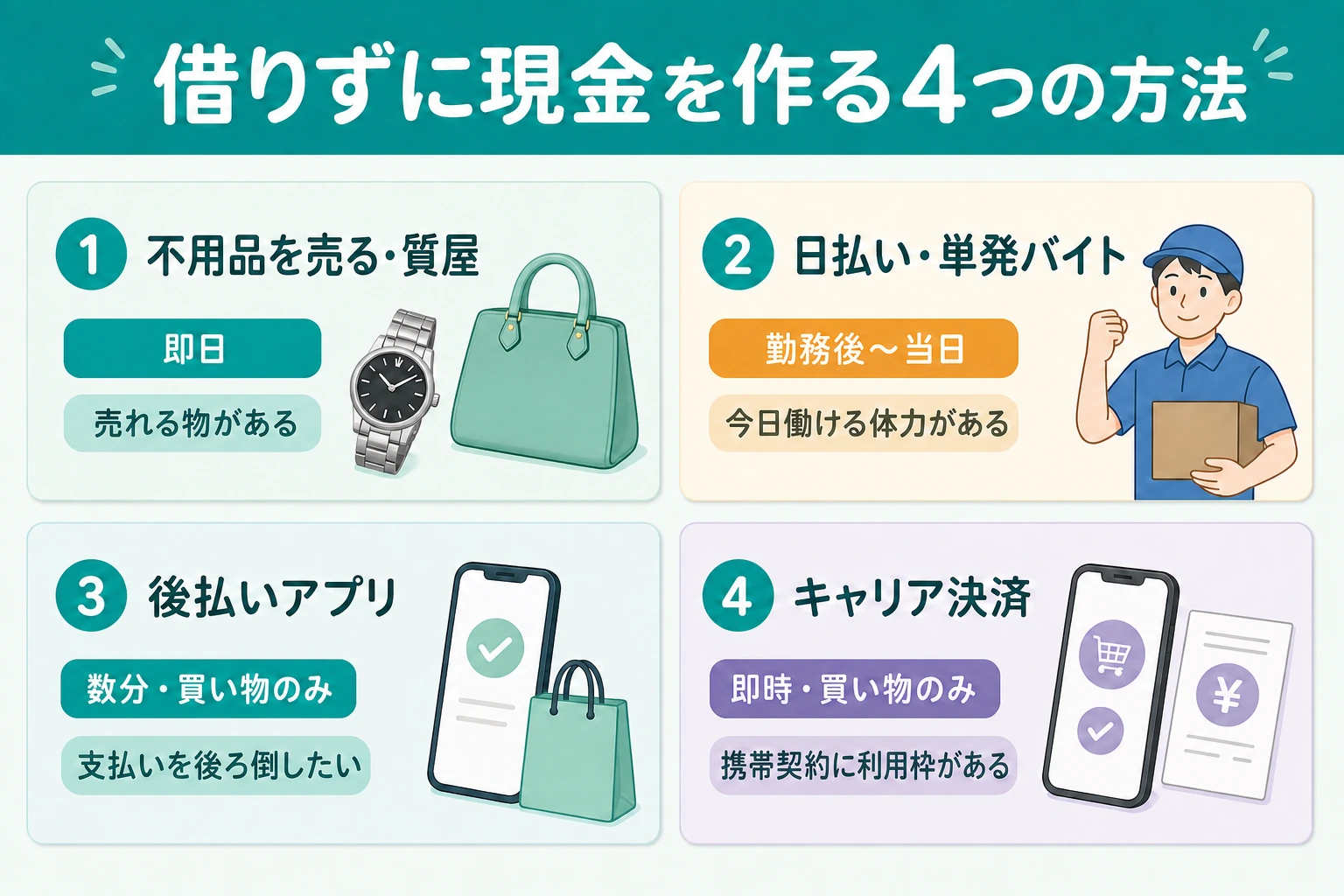 借りずに現金を作る4つの手段（不用品・質屋／日払い／後払い／キャリア決済）と現金化スピード・向いている人を整理した図