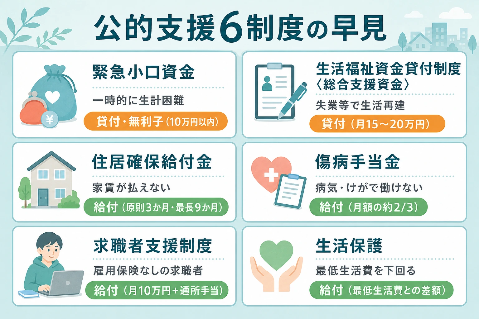 公的支援6制度（緊急小口資金・生活福祉資金貸付制度・住居確保給付金・傷病手当金・求職者支援制度・生活保護）の対象・返済有無を一覧化した図