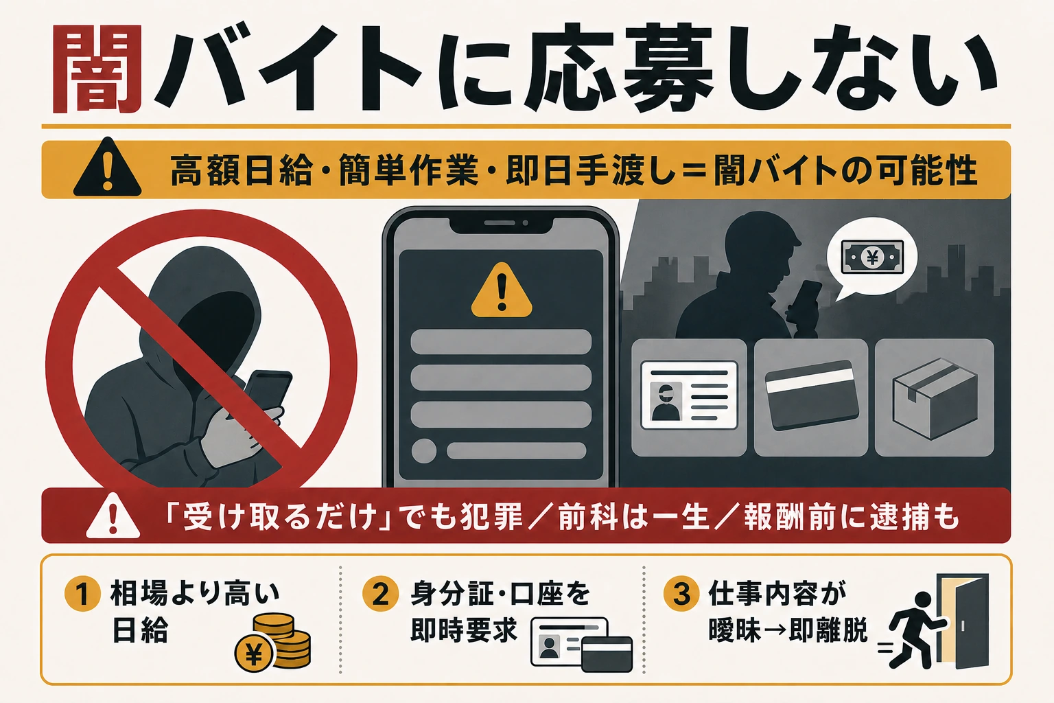 闇バイトの手口と見分ける3つの特徴、応募のリスクを示した注意図