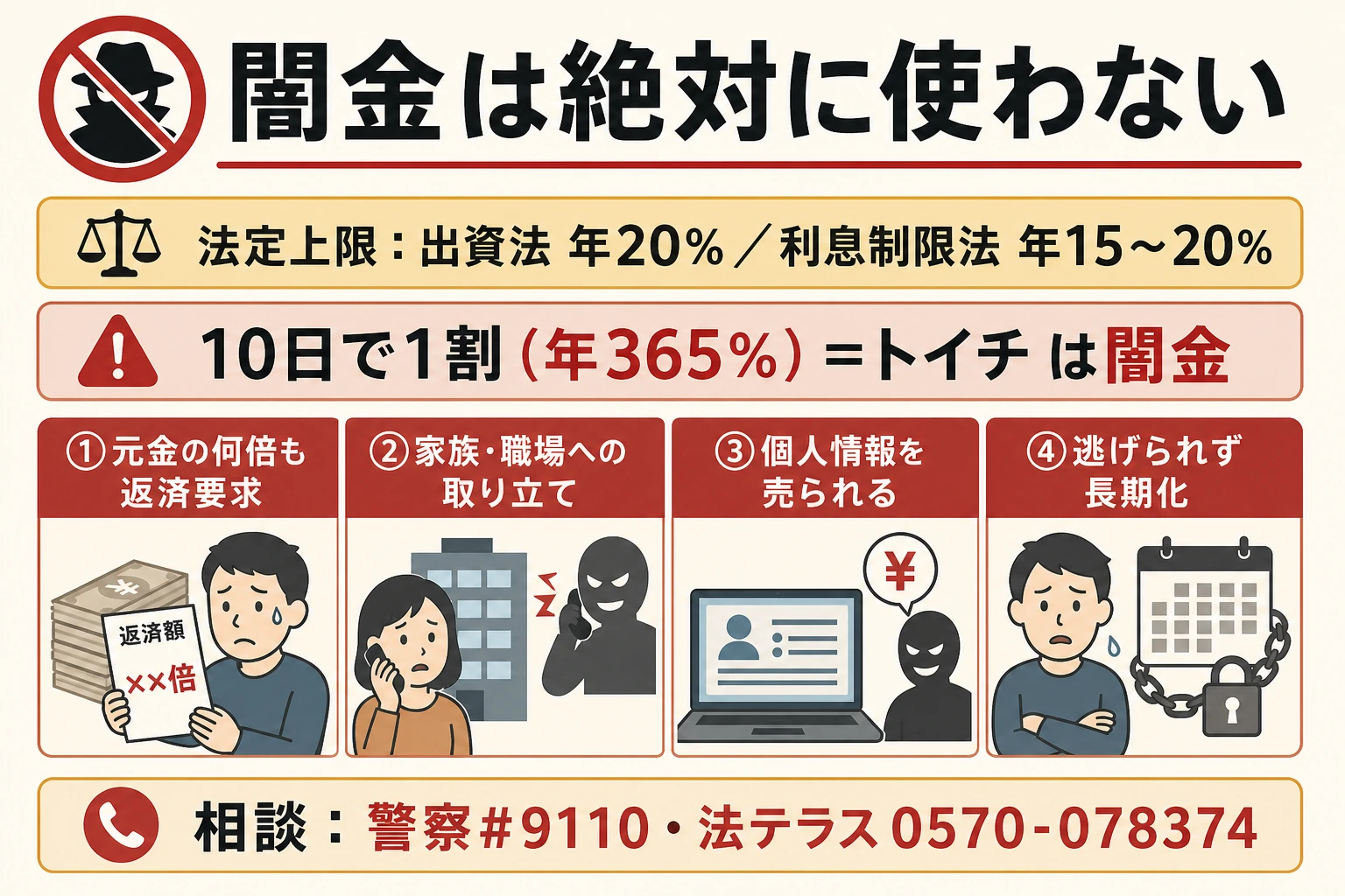 闇金の違法性（法定上限超え・トイチ）と使ってはいけない理由4つを示した注意図